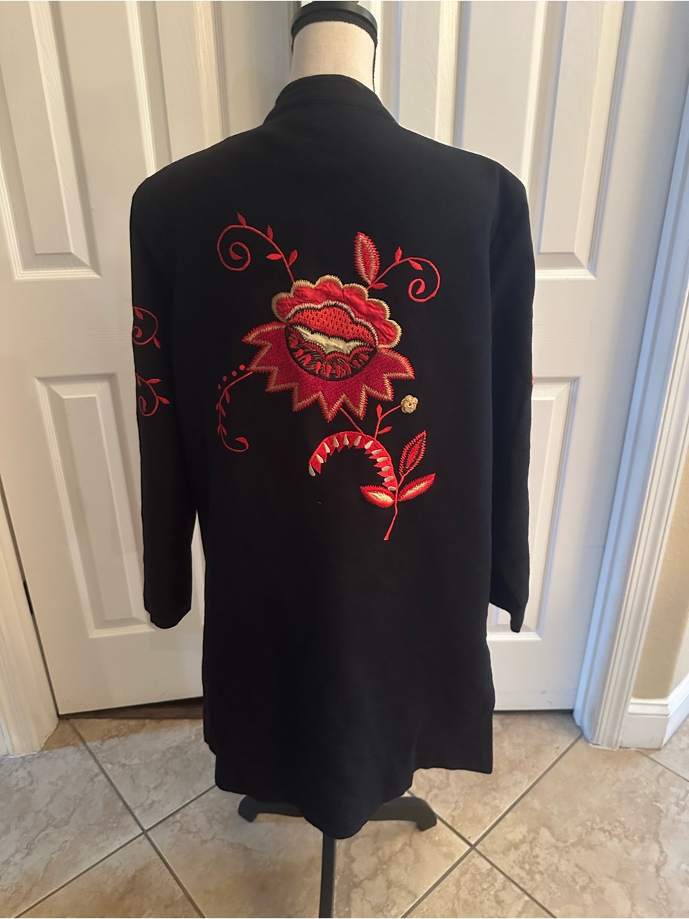 Indigo Moon Embroidered Black, Red & Taupe Women’s Long Jacket with Floral Motif - Picture 2 of 5
